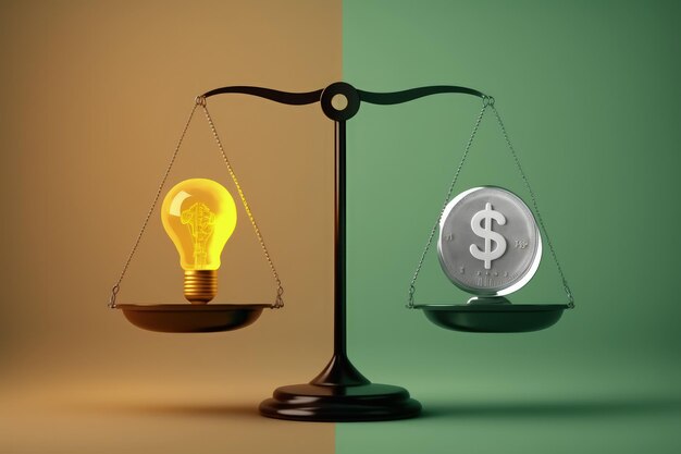 Scales with light bulb and coins concept of ideas that generate money AI