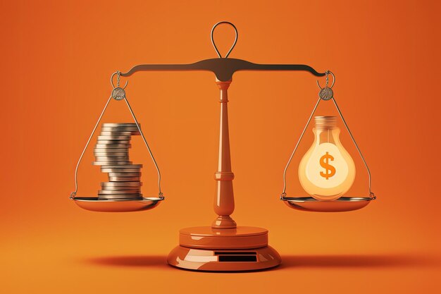 Scales with light bulb on one side and money on the other orange background Generative AI