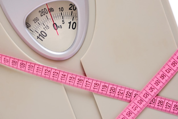 Scales with measuring tape, symbol and concept weight loss, sports and fitness.