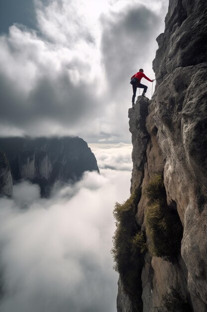 壮大な高地を登る 登山 者 の 冒険 高い 雲 と 山 の 中 で