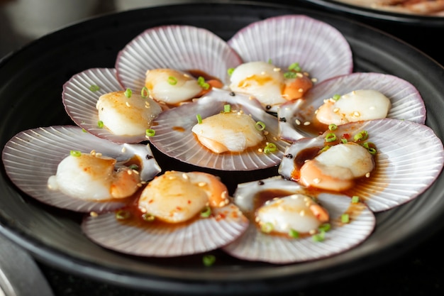 Scallop raw material sea food with ingredient seasonning cook