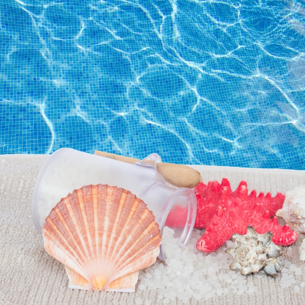 Scallop shell with sea spa setting on blue water background