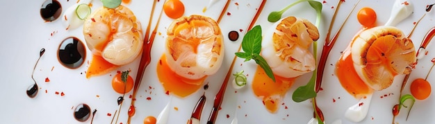 Scallops elegantly plated with garnishes and sauce