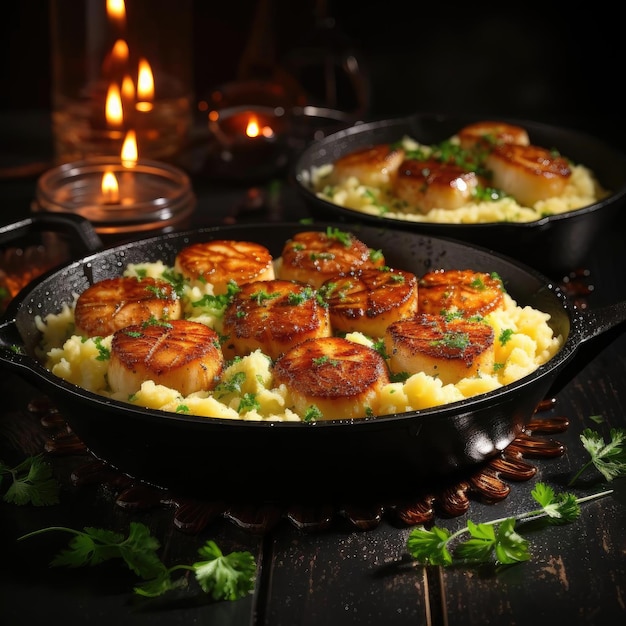 Scallops and mashed potatoes in a cast iron pan with candles