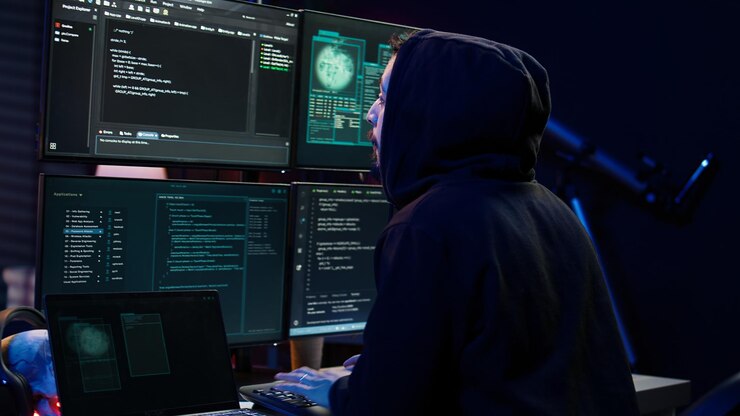 Photo scammer in apartment starting work on dangerous script that can breach security