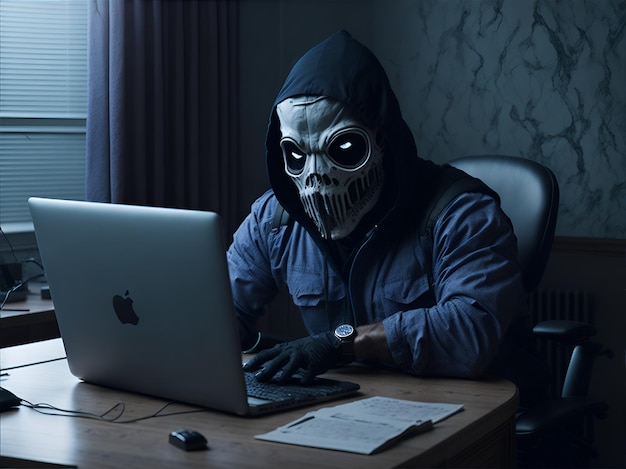 A scammer in a mask sits in front of a laptop AI generated