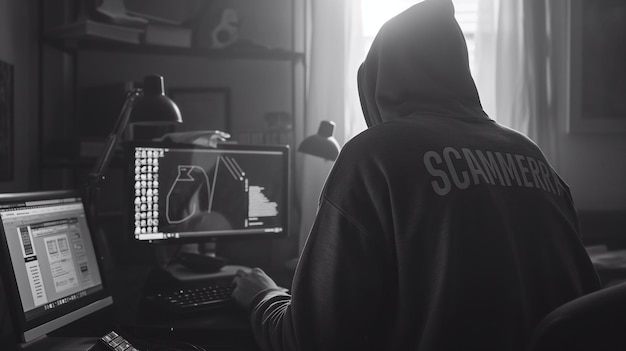 Photo the scammer wears a hoodie in front of a computer generative ai art