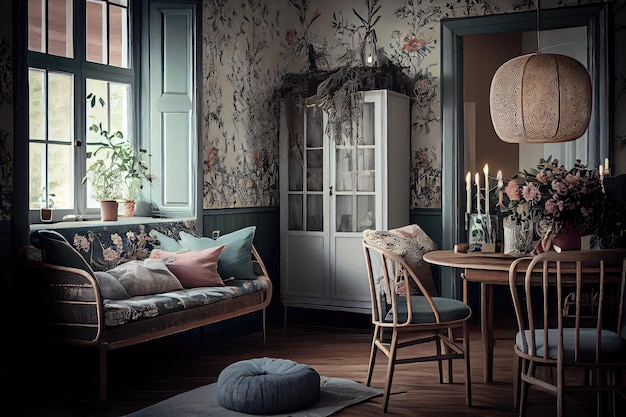 Scandi boho interior with floral wallpaper natural wooden floors and scandinavian furniture