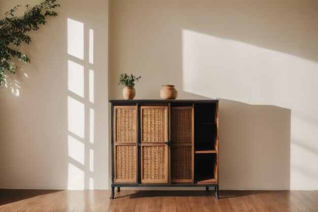 木製家具を備えたシンプルな部屋の北欧自由奔放に生きるスタイルの壁のモックアップ ジェネレーティブ AI