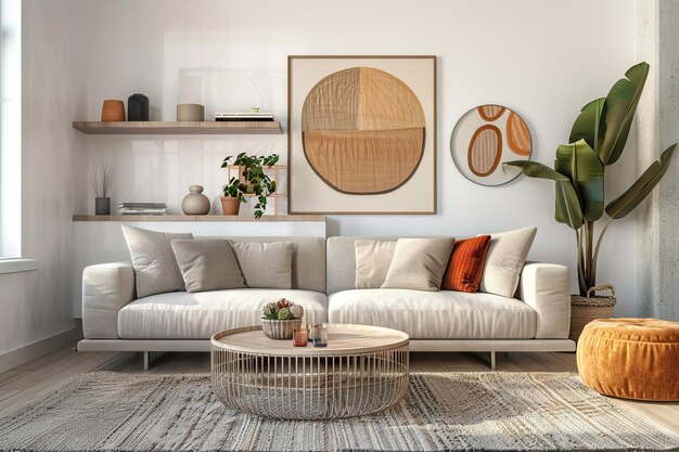 Scandi living room interior with grey big sofa in the center and modern picture on the wall
