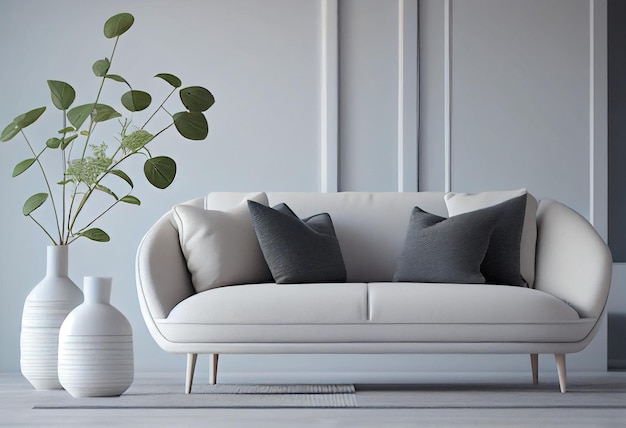 Scandi living room interior with grey big sofa and flower in vase AI Generated