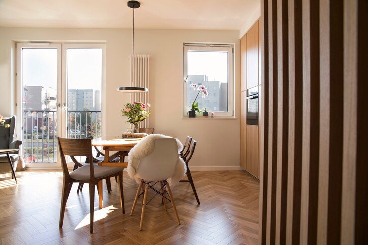 Photo scandi open space interior of kitchen and dining room with family table and kitchen accessories