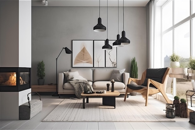 Scandi style interior of living room in modern house Generative AI content