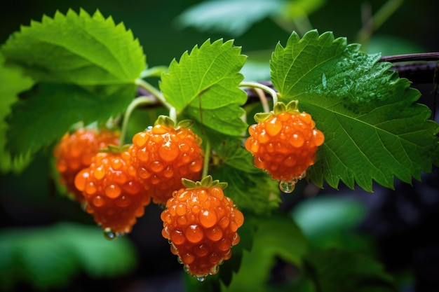 Photo scandiavian cloudberry with green leaves