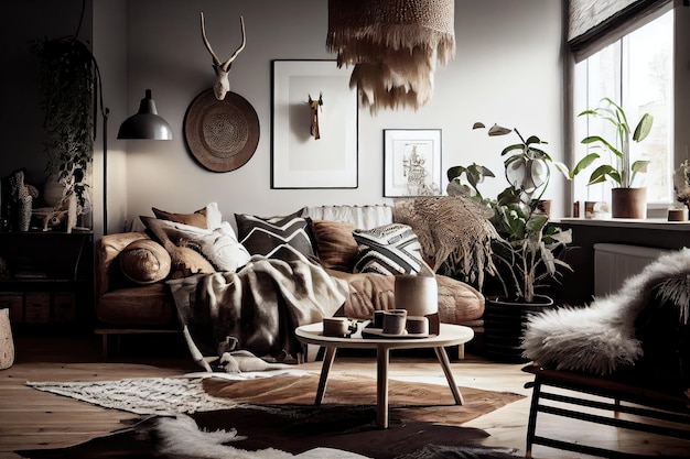 Foto scandiboho interieur met minimalistische aanpak natuurlijke materialen en scandinavisch meubilair