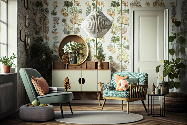 Scandiboho interior with vintage wallpaper and midcentury furniture created with generative ai