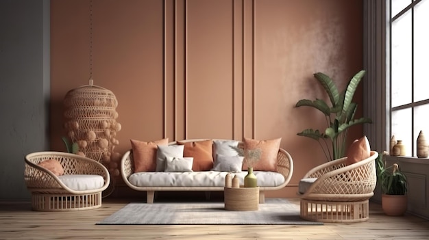 ScandiBoho style living room interior wall mockup 3d render Bright color Generative Ai