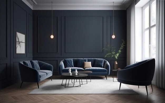 Scandinavian Apartment with Dark Blue Sofa and Recliner Chair Generative AI