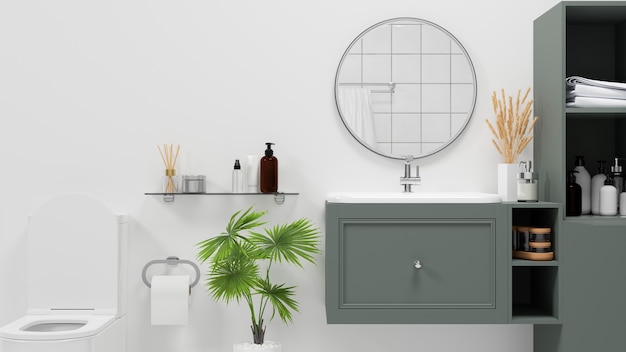 Stile interno del bagno scandinavo con moderno armadio verde e ripiani su parete bianca