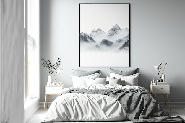 Scandinavian bedroom design mockup of a blank wall on a white background