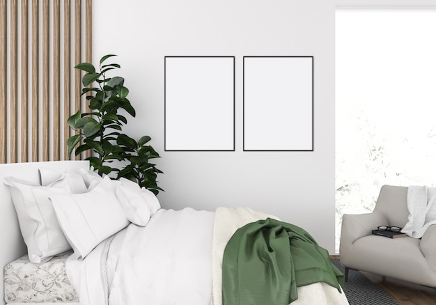 Scandinavian bedroom scene with empty double frames