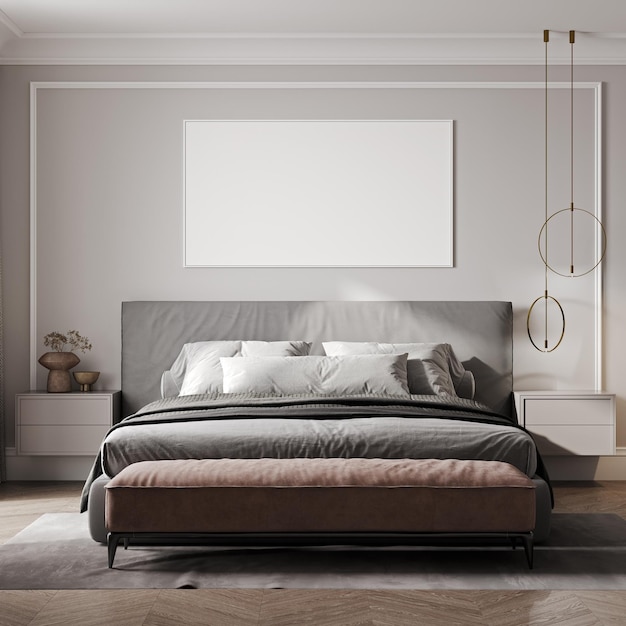 Camera da letto scandinava con pianta pouf rosa letto e una grande cornice  rendering 3d