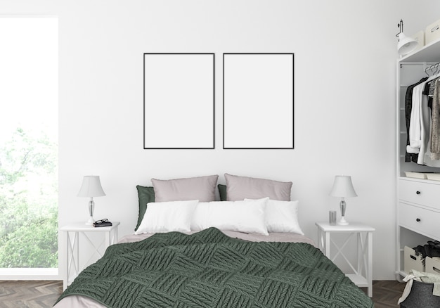 Photo scandinavian bedroom with double frames