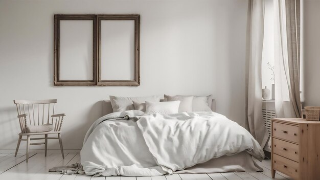 Scandinavian bedroom with empty double frames