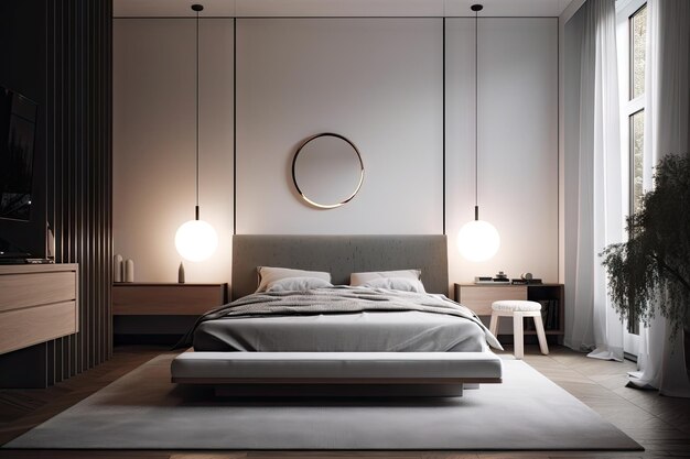 Scandinavian bedroom with minimalist design sleek and contemporary furniture and dramatic lighting