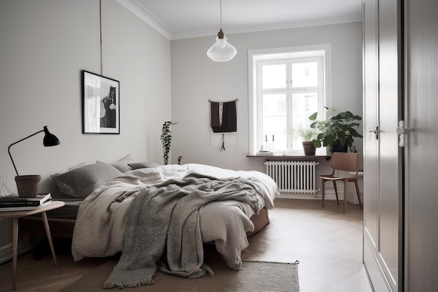 Scandinavian bedroom with minimalist design and sleek wooden furniture
