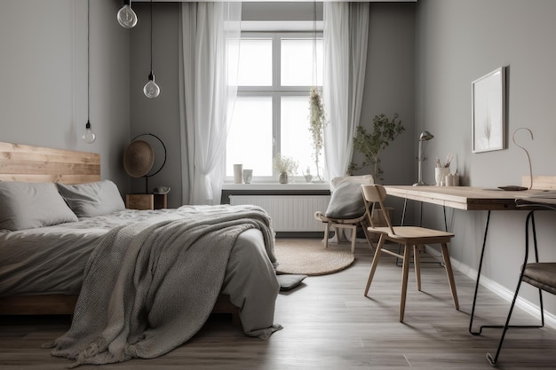 Scandinavian bedroom with minimalist and modern furniture and decor