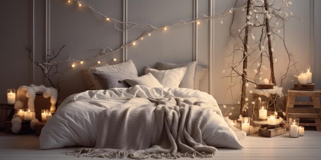 スカンジナビアの寝室 ⁇ 冬休みの装飾 ⁇ 小さな木の花束 ⁇ 枝 ⁇ ライト ⁇ 毛布