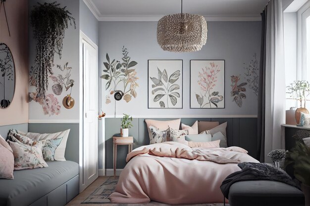 Скандинавская спальня в стиле бохо со светлыми пастельными тонами и цветочными акцентами
