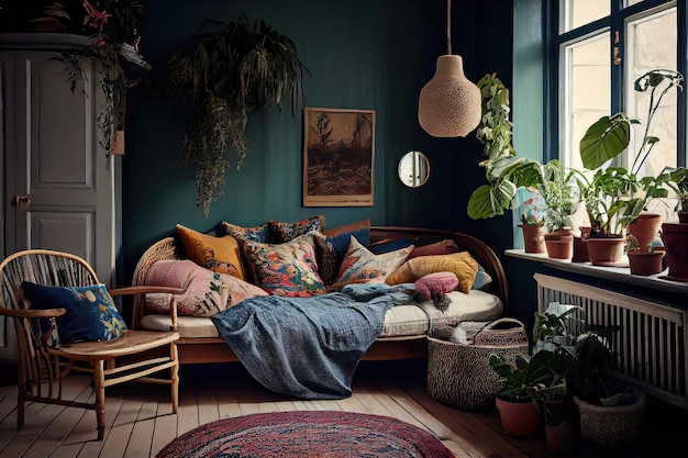 Scandinavian boho interior with vintage furniture colorful textiles and natural elements