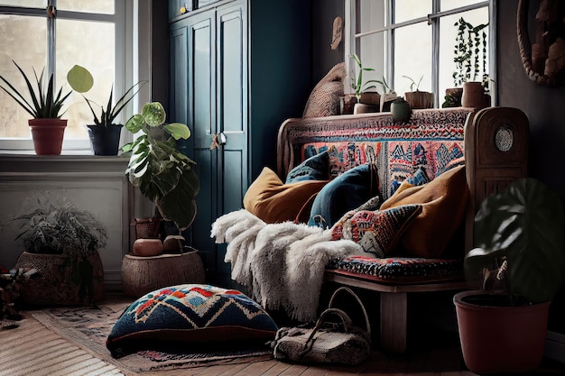 Scandinavian boho interior with vintage furniture colorful textiles and natural elements