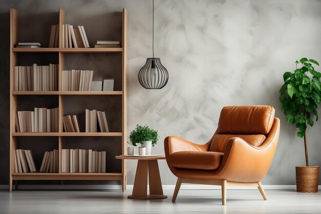 Scandinavian Bookcase with an Armchair in a Modern Interior Generative Ai