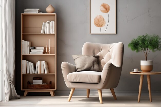 Scandinavian Bookcase with an Armchair in a Modern Interior Generative Ai