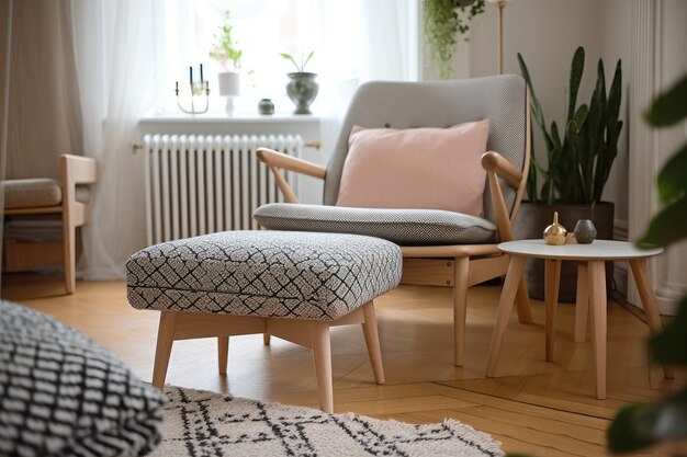 Scandinavian chair and ottoman with geometric patterned cushions in living room