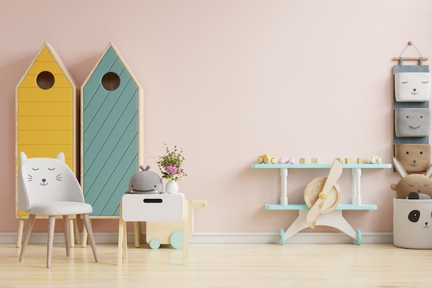 Scandinavian children room design ideas in light pink color wall background.3d rendering