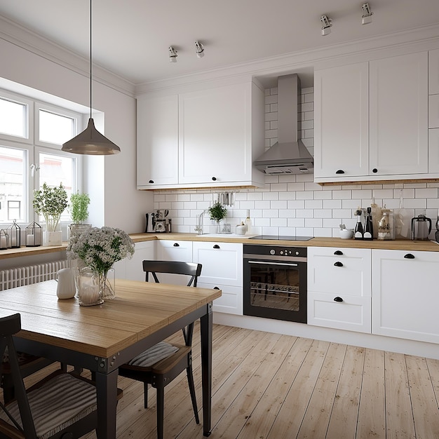 Scandinavian classic minimalistic kitchen with white