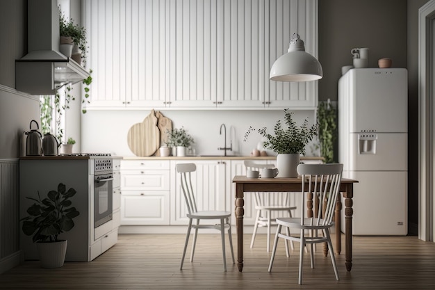 Scandinavian classic white kitchen with wooden details Illustration AI Generative