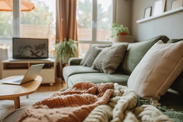 Foto interno scandinavo e confortevole della stanza di lavoro con computer su tavolo di legno