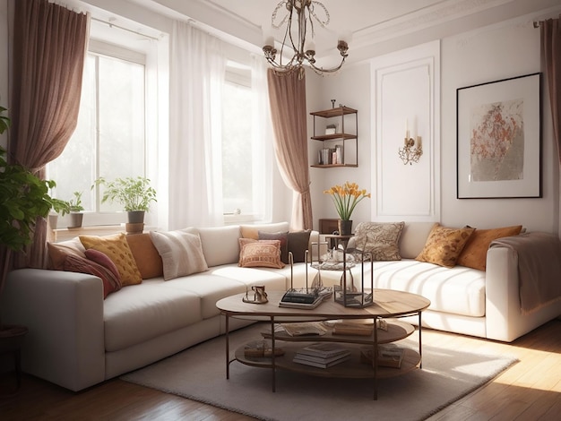 Scandinavian comfortable living room wooden floor and furniture
