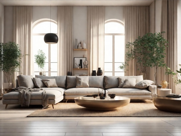 Scandinavian comfortable living room wooden floor and furniture