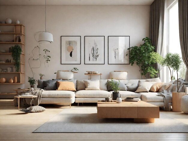 Scandinavian comfortable living room wooden floor and furniture