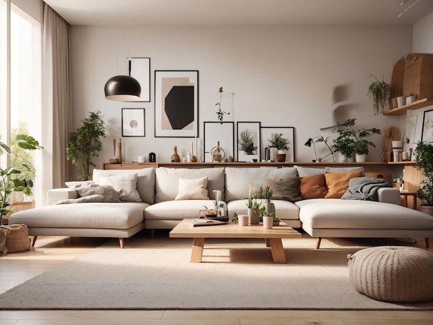 Scandinavian comfortable living room wooden floor and furniture