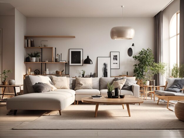 Scandinavian comfortable living room wooden floor and furniture