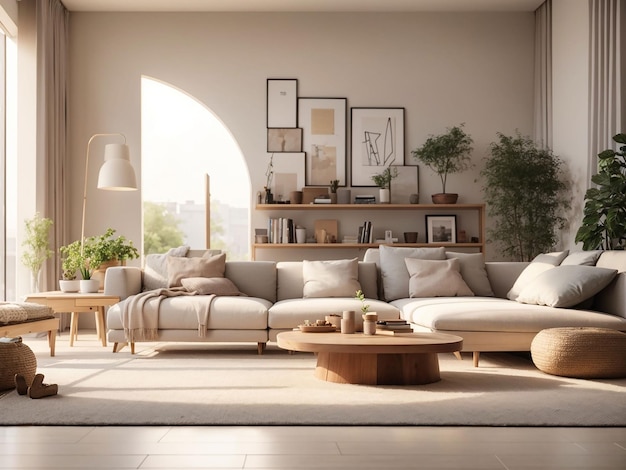 Scandinavian comfortable living room wooden floor and furniture