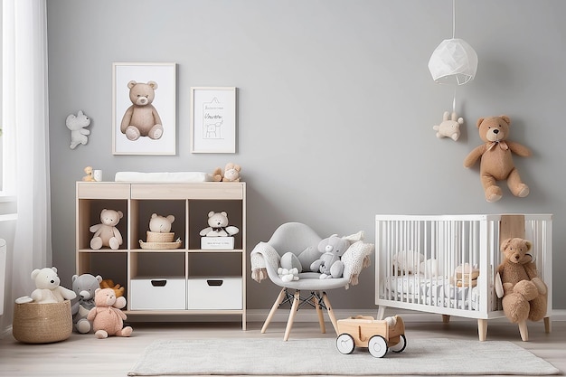 Foto decorazione scandinava della stanza del neonato con mobili giocattoli libreria accessori e orsacchiotti