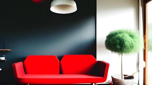 Scandinavian design style living room with a Red sofa